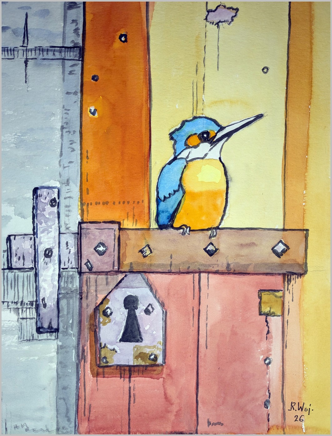 Vogel auf Türriegel
